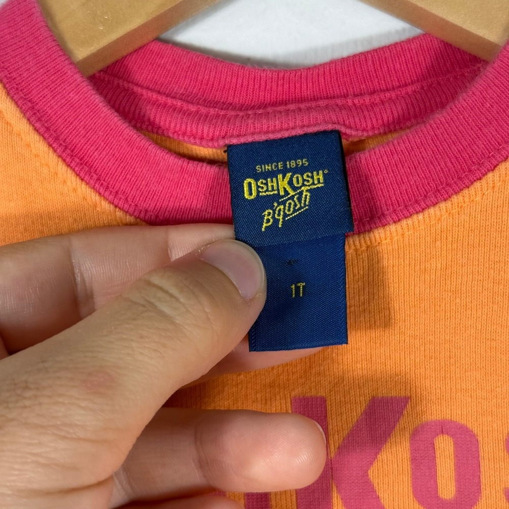 Vintage OshKosh B'gosh Toddler Girls Orange Pink Ringer Logo T-Shirt 1T - Picture 3 of 9